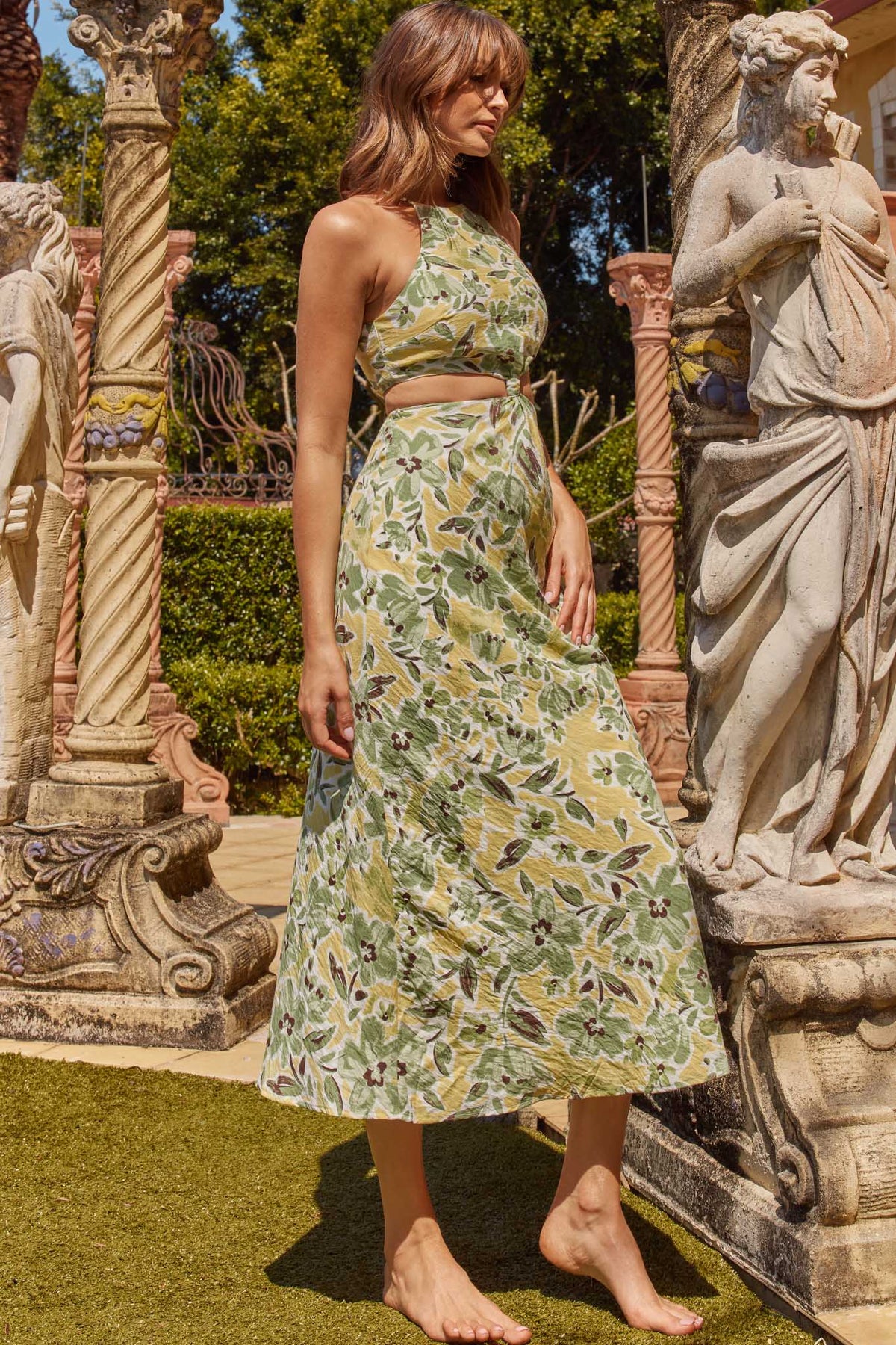 Utopia Cut-Out Waist Midi Dress Green/Yellow