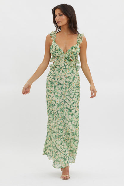Second Chances Ruffle Trim Maxi Dress Flowers Green