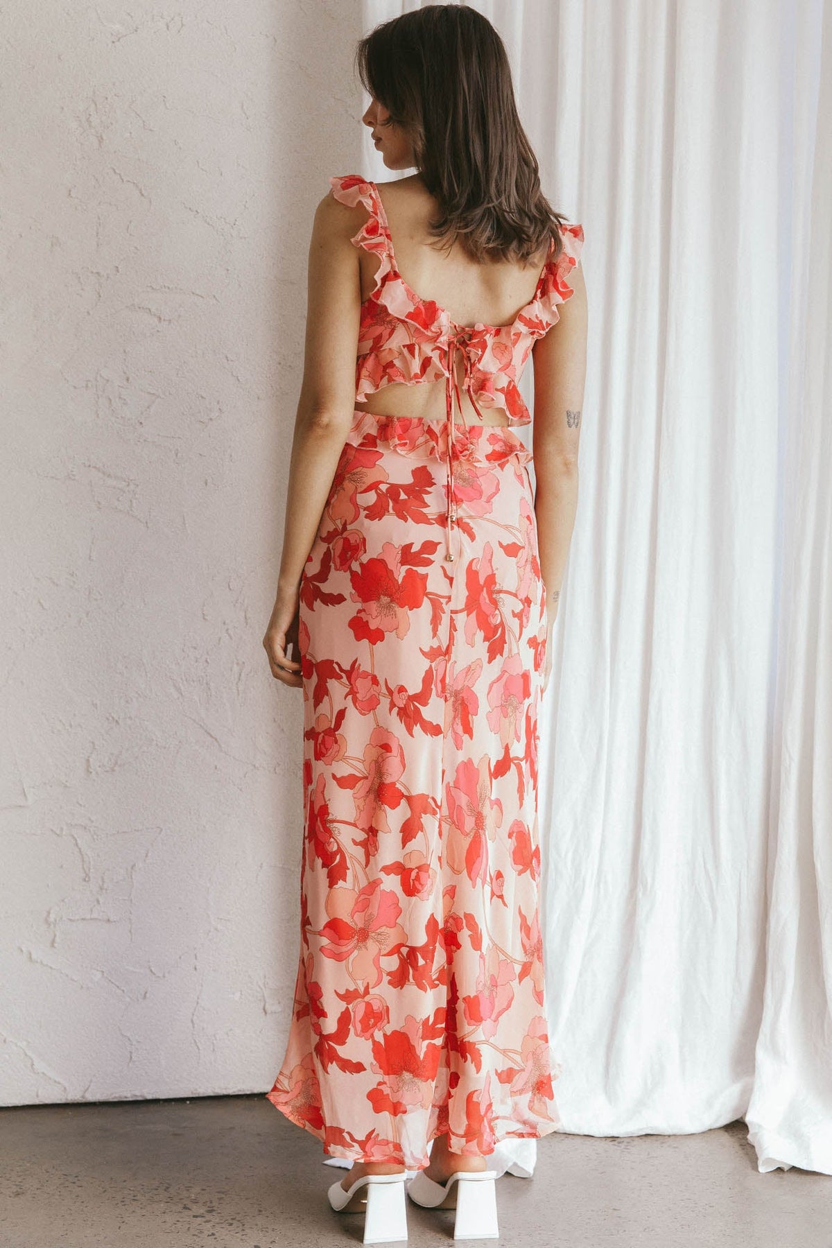 Second Chances Ruffle Trim Midi Dress Floral Pink
