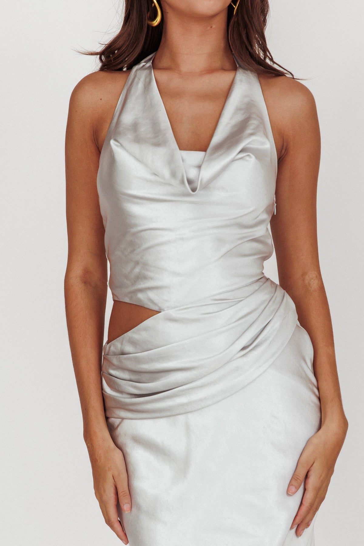 Cassiopeia Cowl Halter Neck Cut Out Maxi Dress Opal