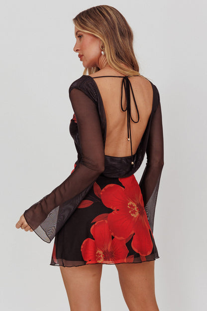 Isabella Long Sleeve Backless Mini Dress Hibiscus Black