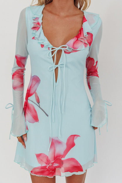 Sea Dreaming Ruffle Trim Mini Dress Floral Blue