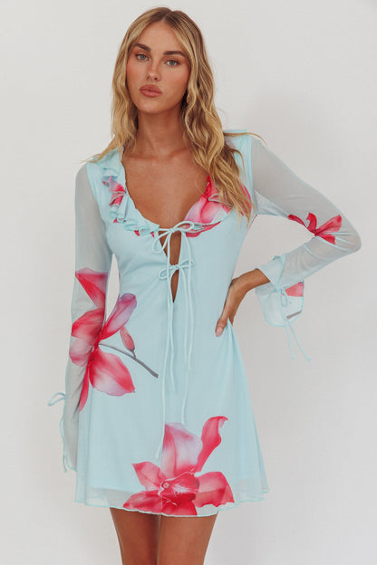 Sea Dreaming Ruffle Trim Mini Dress Floral Blue
