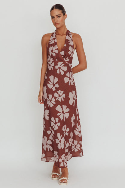 Italia Azure Halterneck Floral Maxi Dress Brown