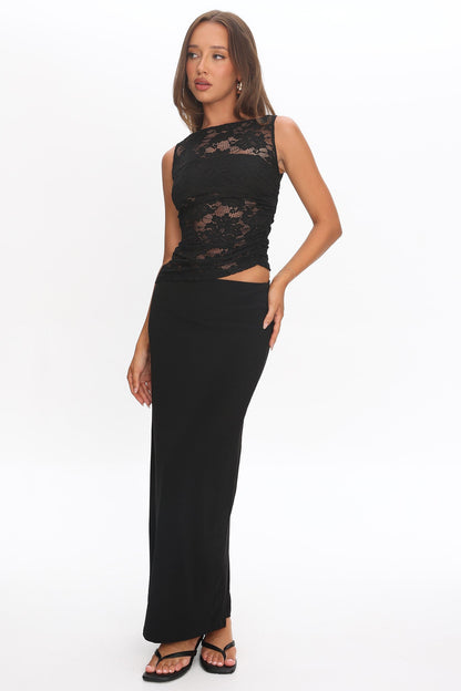 Lorely Ruched Lace Bodice Maxi Dress Black