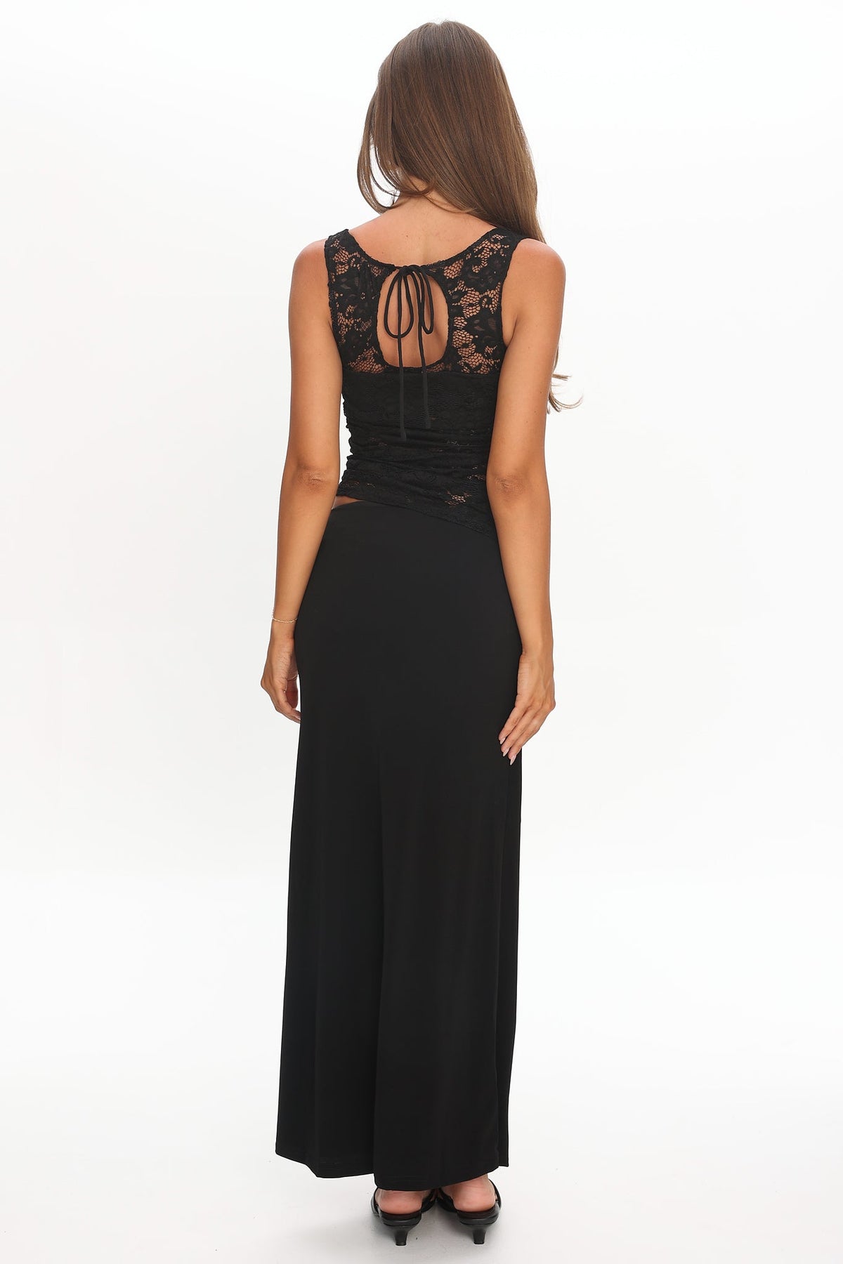 Lorely Ruched Lace Bodice Maxi Dress Black
