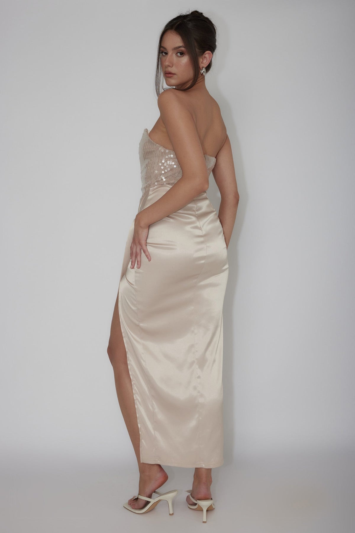 Yadira Sequin Bodice Satin Midi Dress Nude