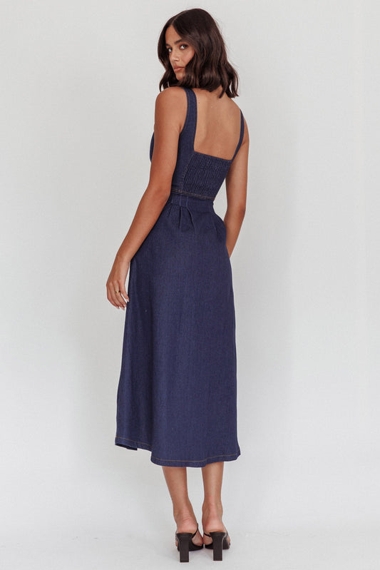 Pixie Dust Button Front Midi Dress Dark Denim
