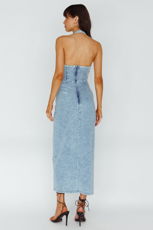Renita Halterneck Button Maxi Dress Denim Blue