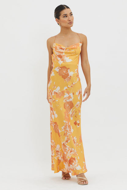 Dream Walk Cowl Back Tied Dress Print Orange
