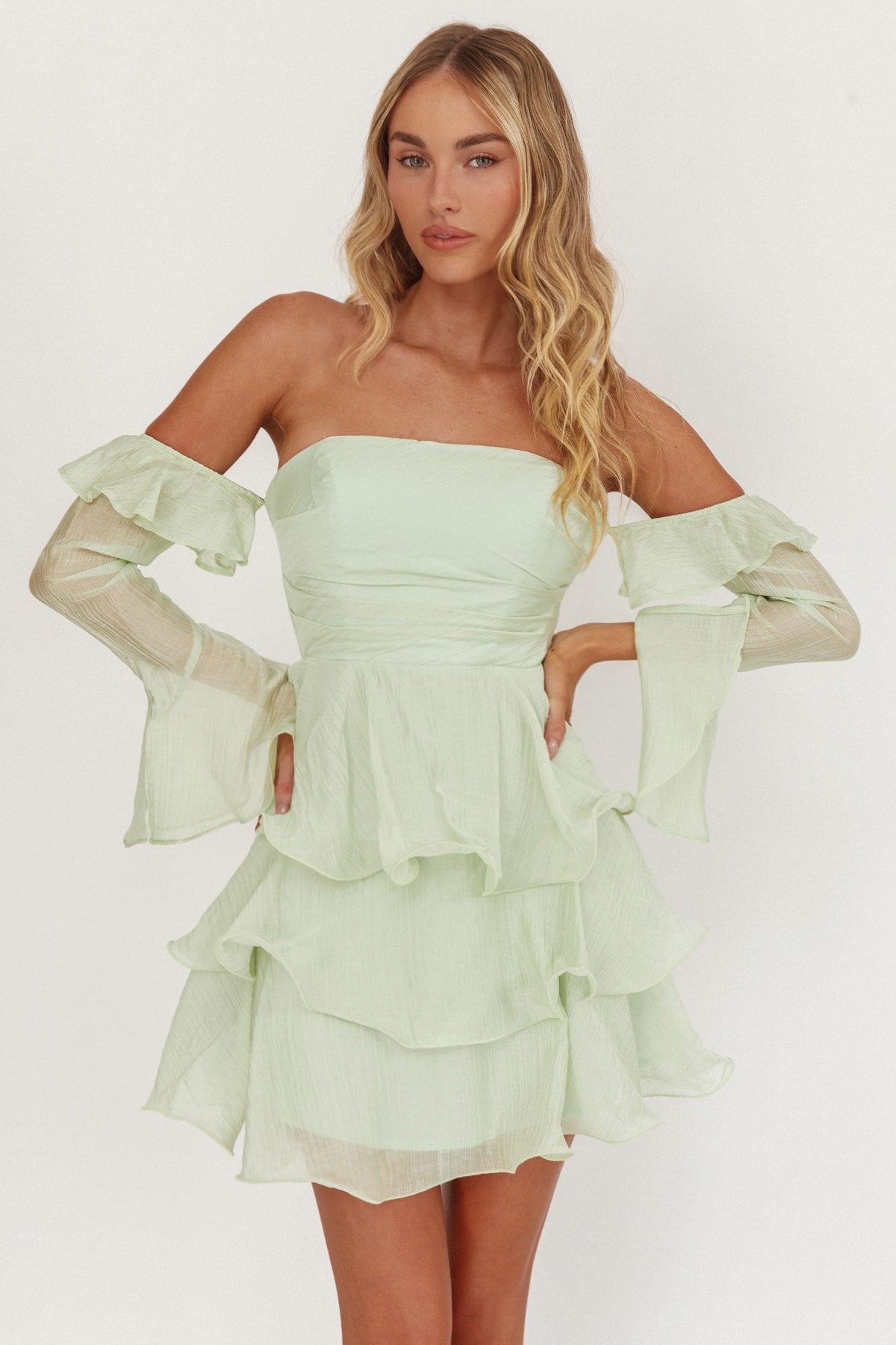 Giavana Off-Shoulder Layered Mini Dress Sage