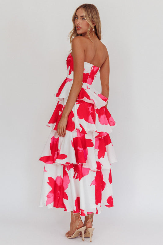 Giavana Strapless Layered Midi Dress Floral Red