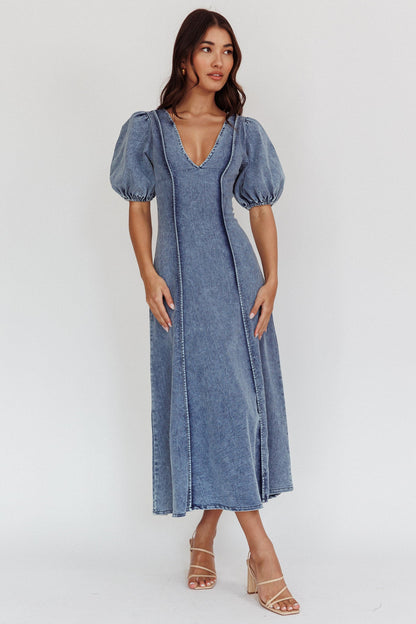 Morgane Puff Sleeve V-Neck Midi Dress Light Denim Blue