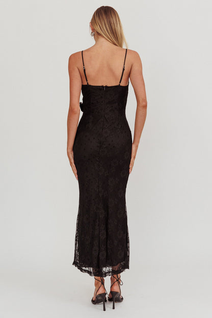 Golden Glow Rosette Cowl Neck Maxi Dress Black