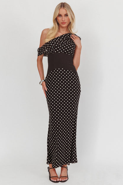 Milos Asymmetric Neckline Maxi Dress Black Dot