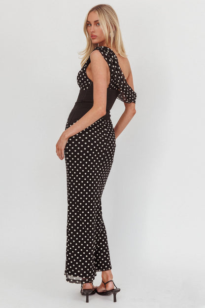 Milos Asymmetric Neckline Maxi Dress Black Dot
