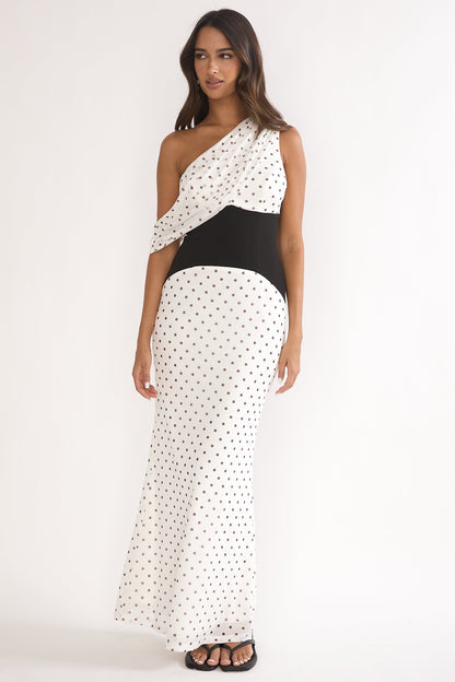Milos Asymmetric Neckline Maxi Dress Polka Dot Brown