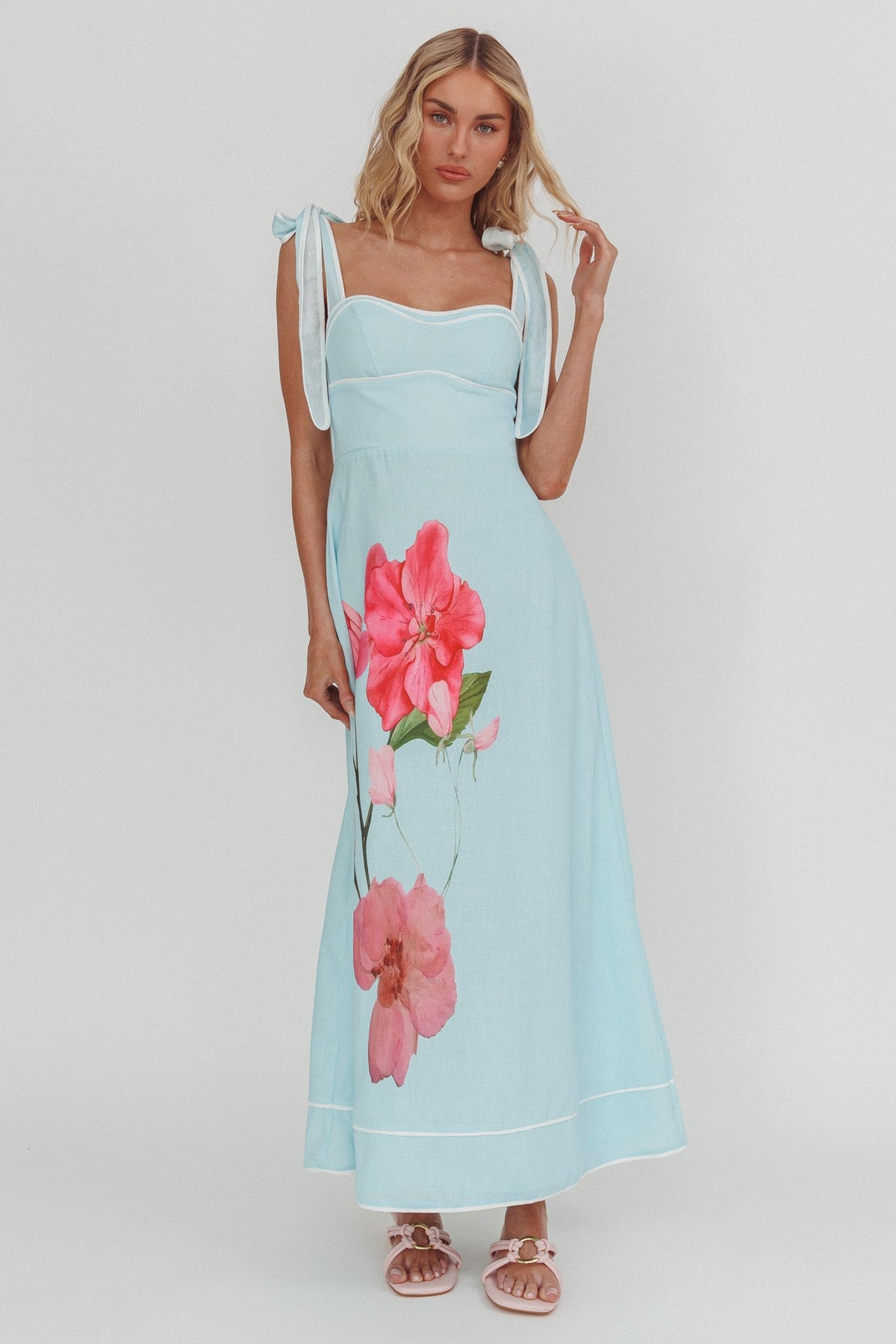 Averin Tied Shoulder Maxi Dress Flower Mint