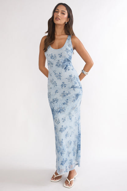 Elowra Mesh Maxi Dress Floral Blue
