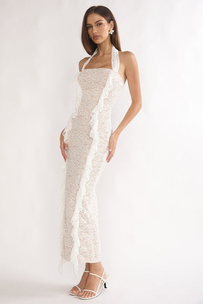 Chiavari Ruffle Trim Lace Maxi Dress White