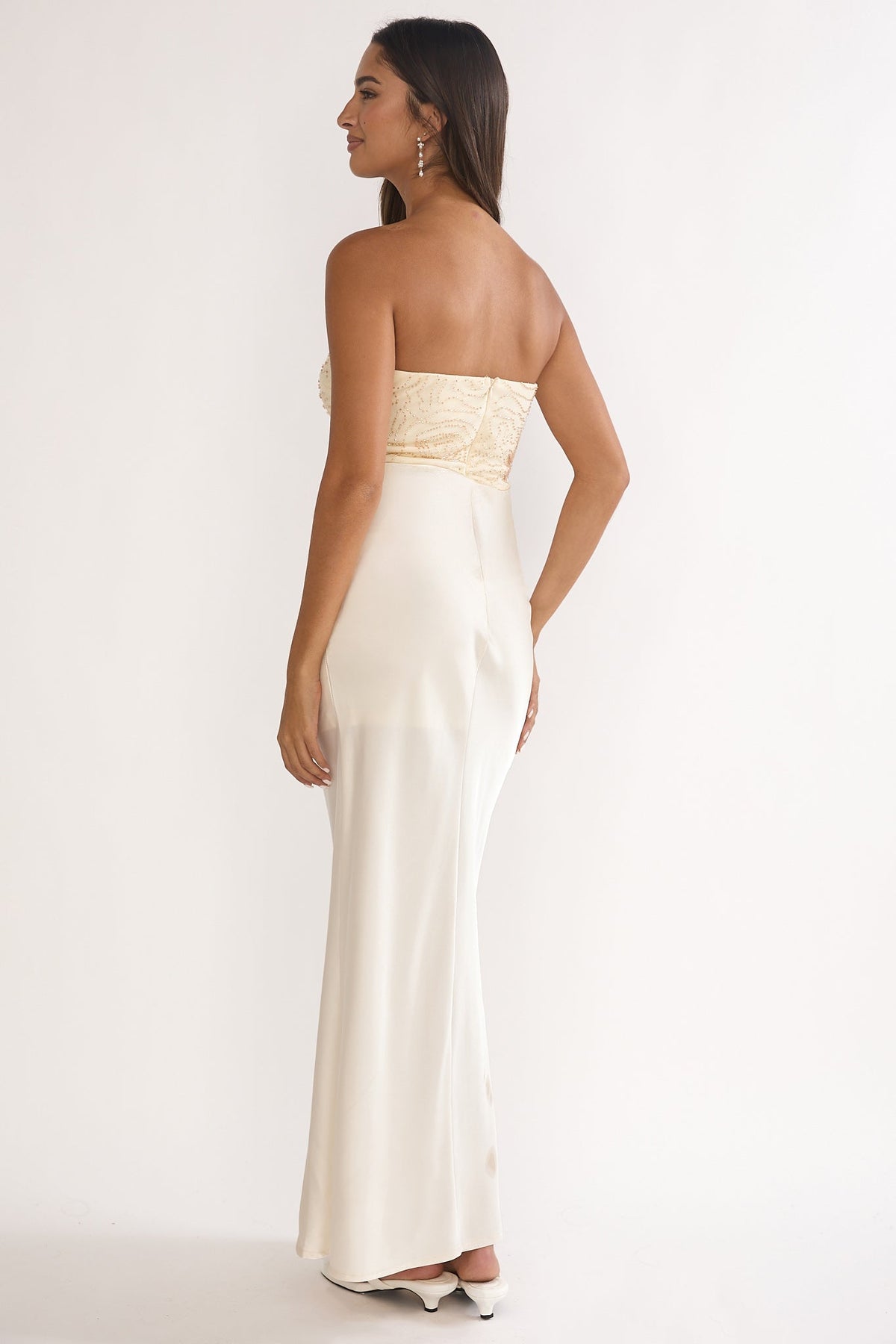 At Dusk Beaded Bust Strapless Maxi Dress Oyster