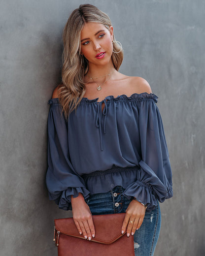 Caydence Chiffon Off The Shoulder Blouse - Dusty Blue