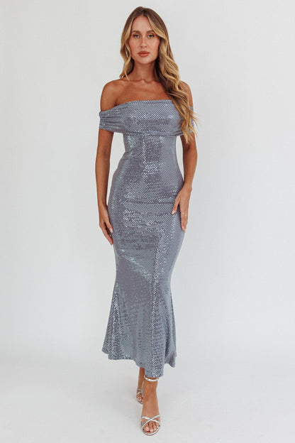 Kailey Off-Shoulder Maxi Dress Spangle Silver