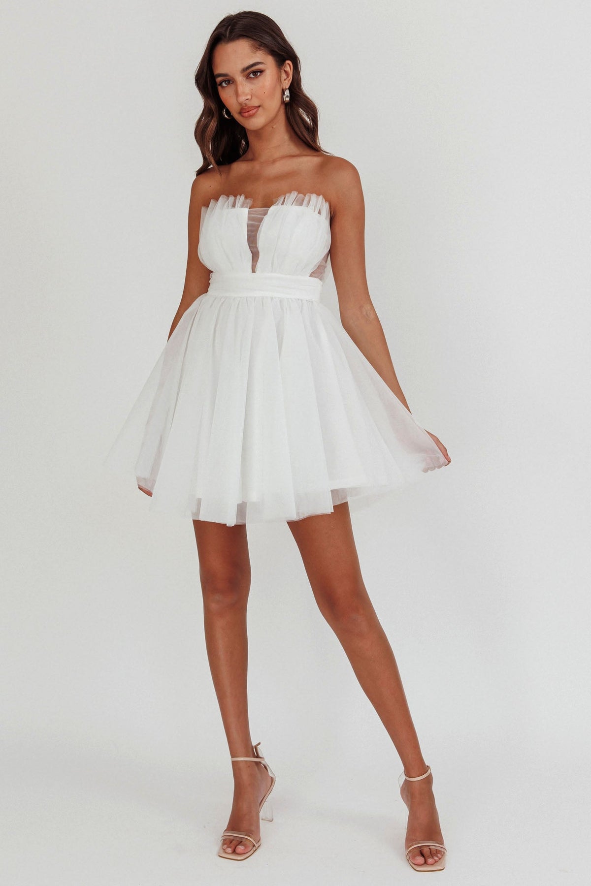 Touch The Stars Gathered Mesh Mini Dress White