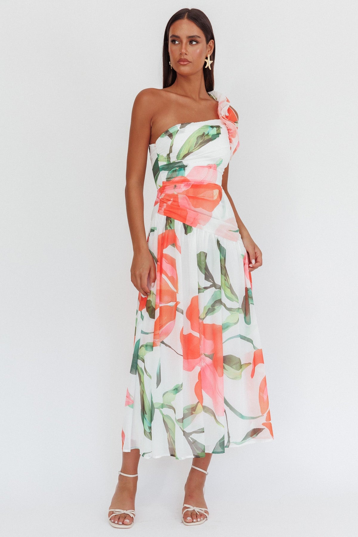 Kinley One-Shoulder Ruffle Maxi Dress Floral Red