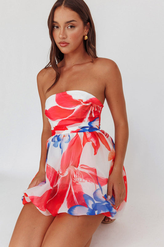 Kandi Strapless Bubble Hem Skirt Floral White