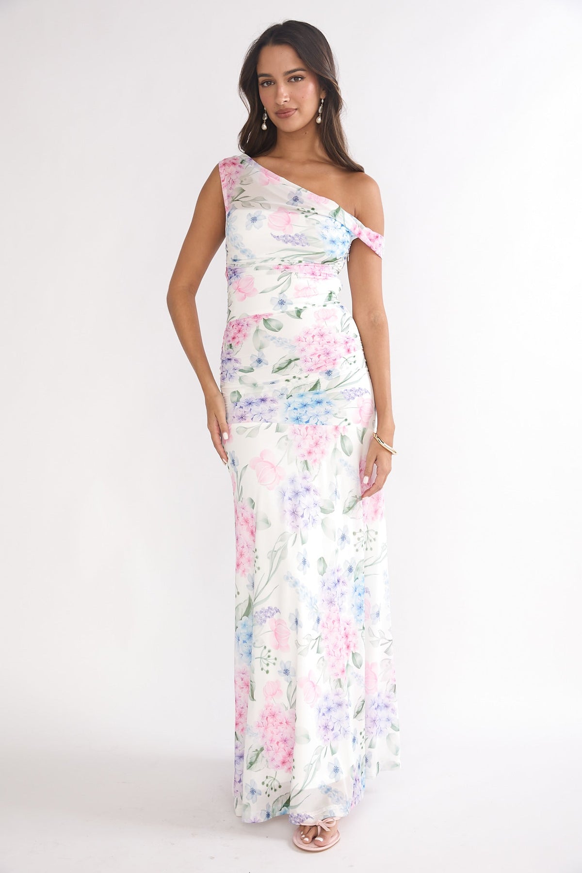 Lylah Asymmetric Neckline Mesh Maxi Dress Floral Blue