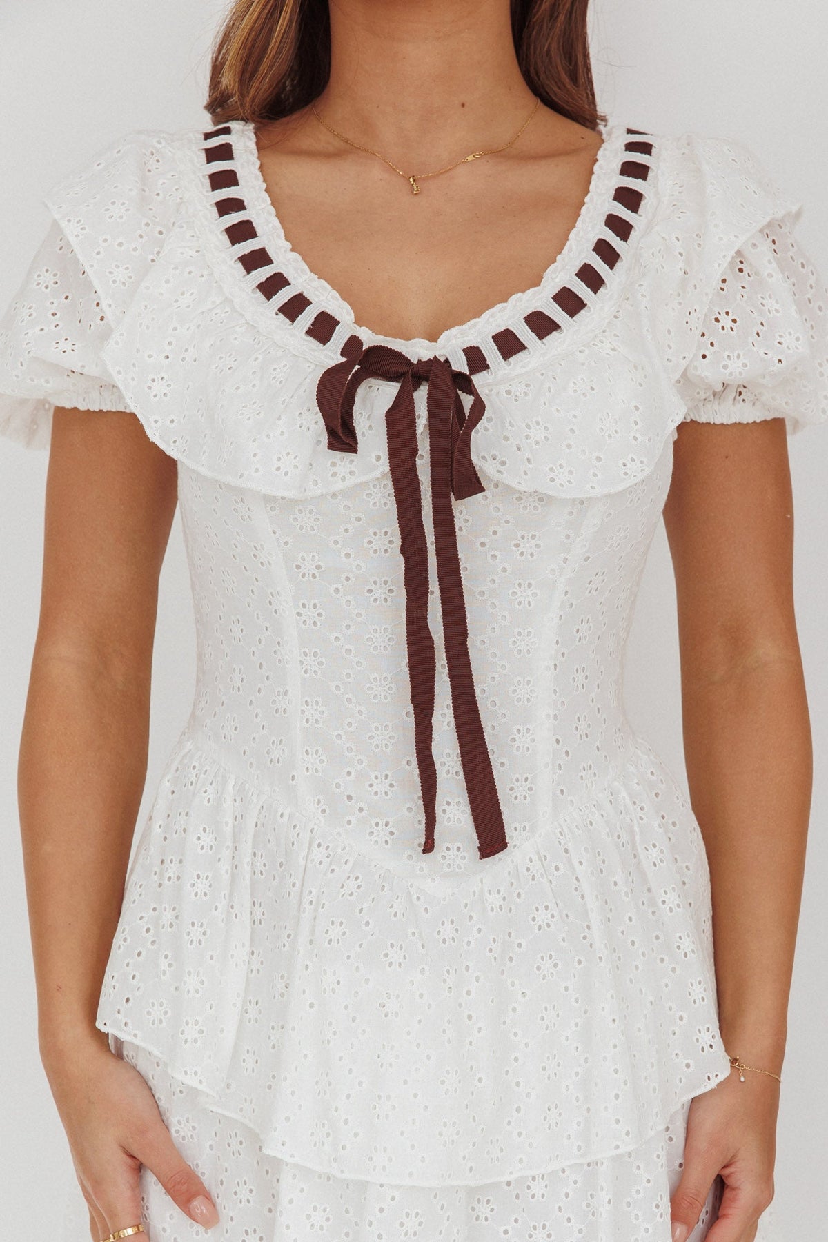 Rayelle Puff Sleeve Ruffle Eyelet Embroidery Mini Dress White