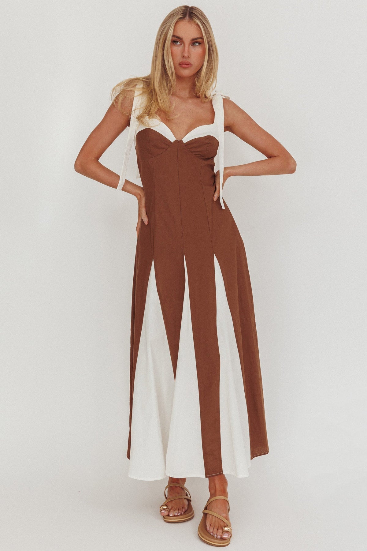 Marisa Tied Shoulder Godet Hem Maxi Dress Contrast Chocolate