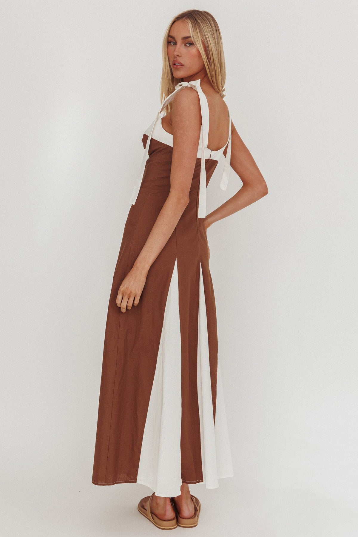 Marisa Tied Shoulder Godet Hem Maxi Dress Contrast Chocolate