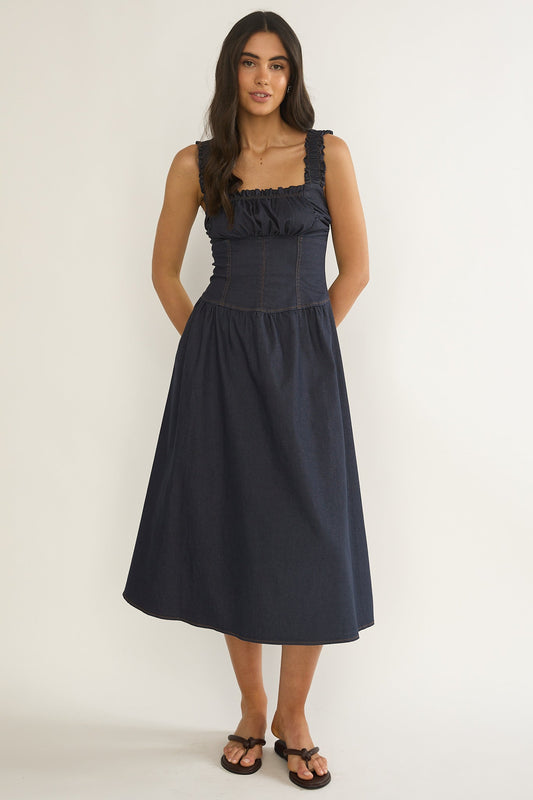 Idyllic Gathered Bust Midi Dress Indigo