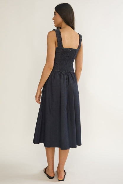 Idyllic Gathered Bust Midi Dress Indigo