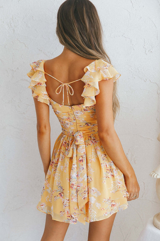 Lola Ruffle Shoulder Ruched Dress Floral Print Yellow