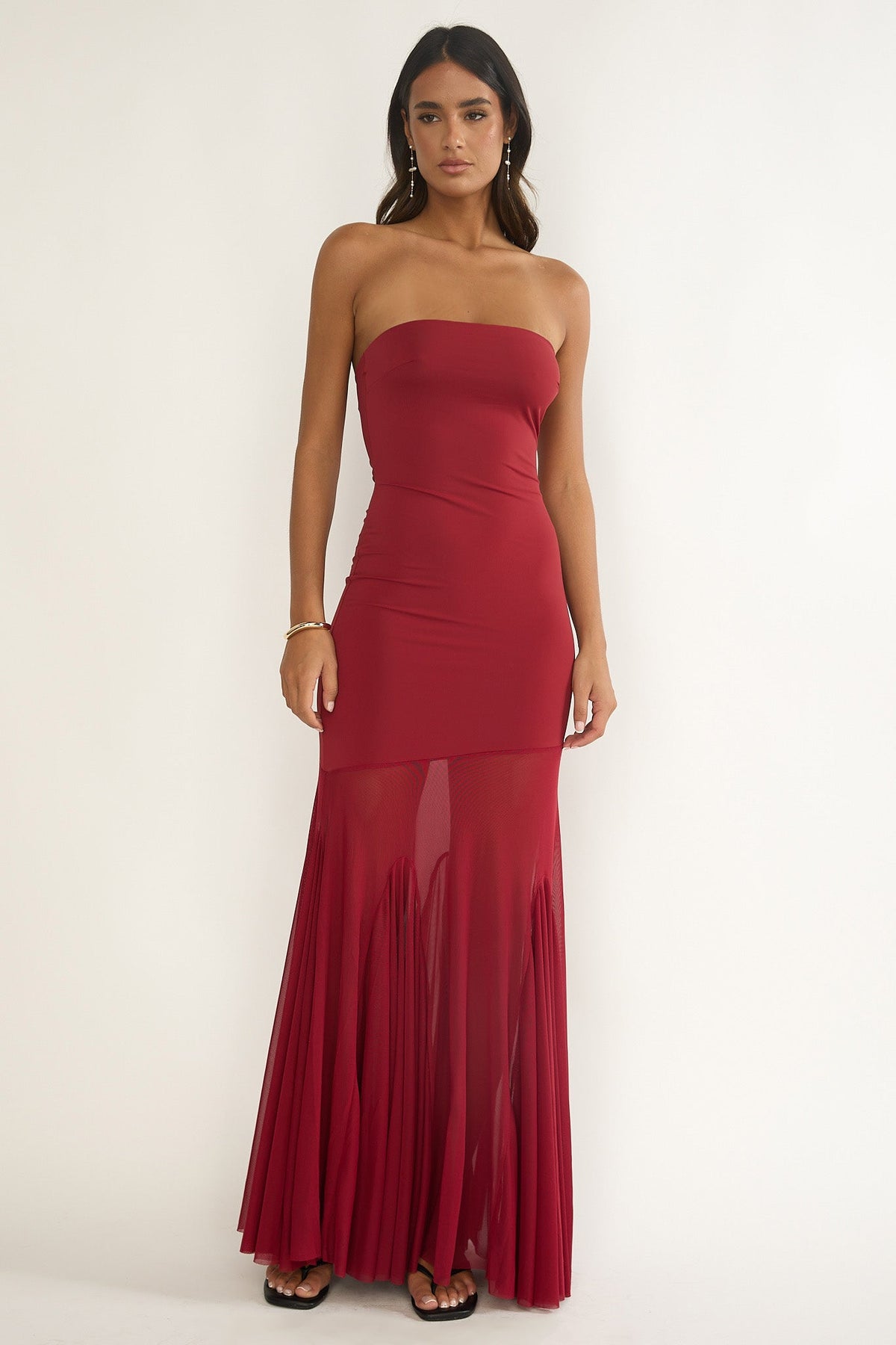 Velvet Rope Strapless Mesh Maxi Dress Wine