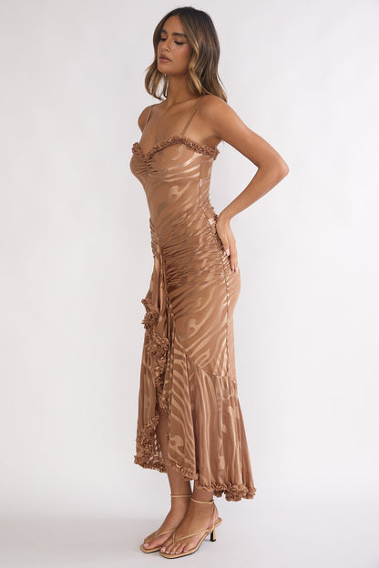 Everine Ruched Frill Trim Maxi Dress Mocha