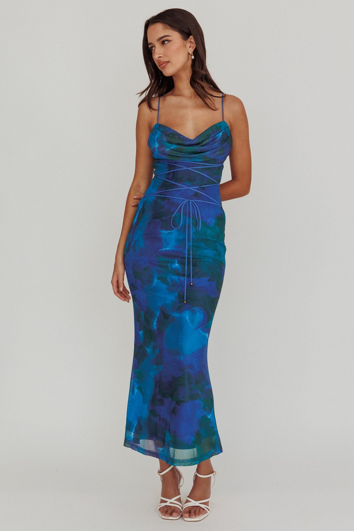 Teava Laced Waist Maxi Dress Print Blue