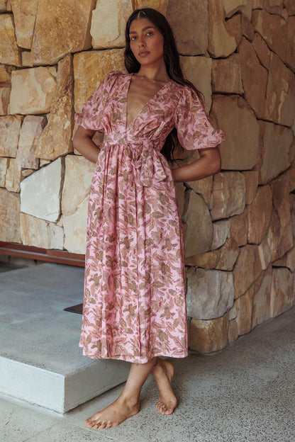 Doris Floral Puff Sleeve Midi Wrap Dress Blush