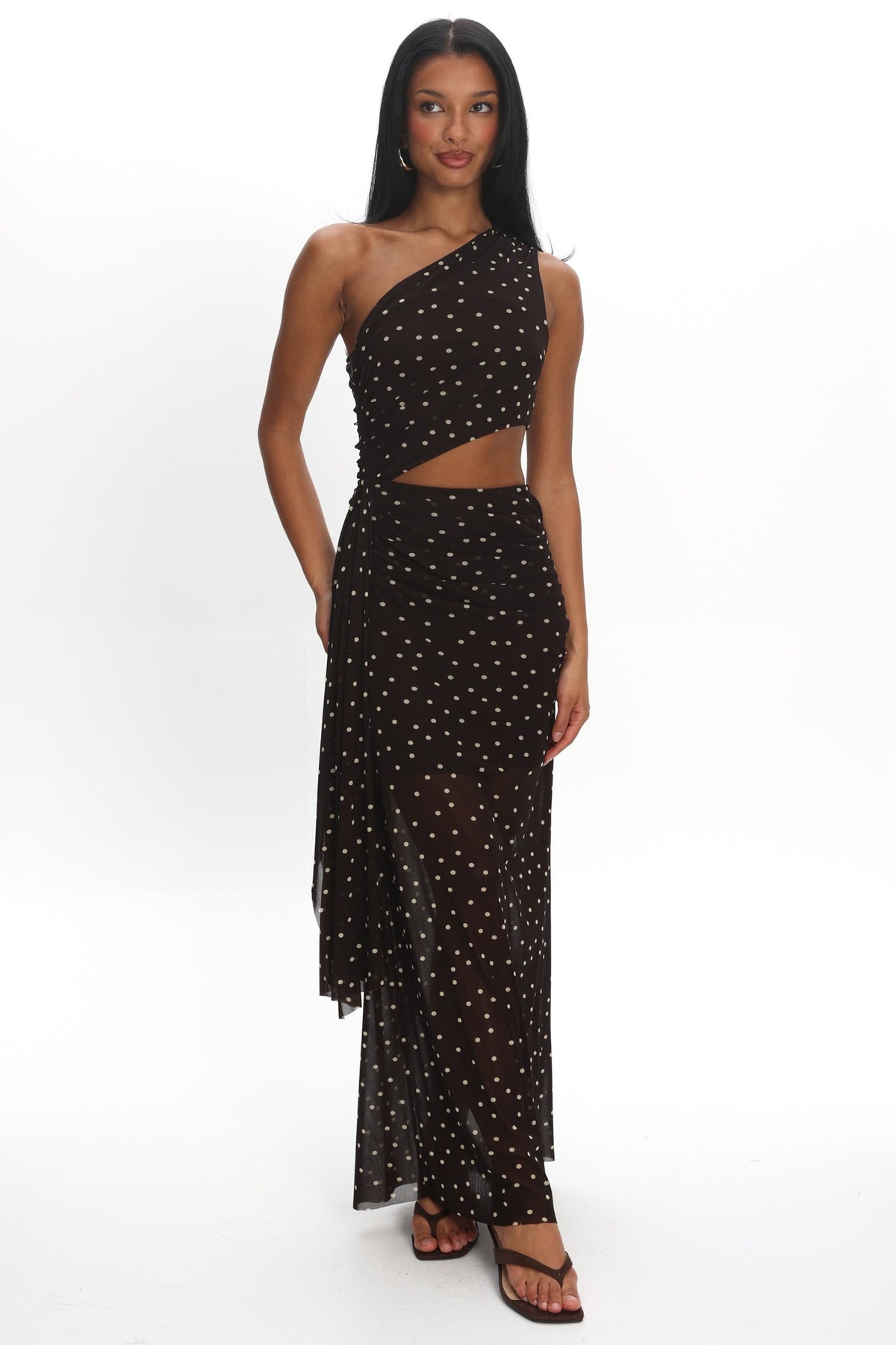 Viela One-Shoulder Cut-Out Maxi Dress Polka Dot Brown