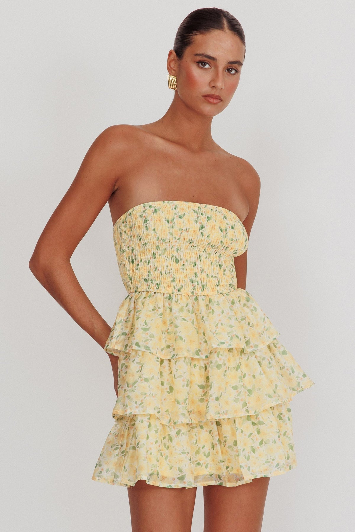 Like Angels Shirred Bodice Ruffle Mini Dress Yellow