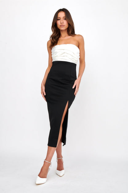 Brandi Strapless Split Midi Dress White/Black