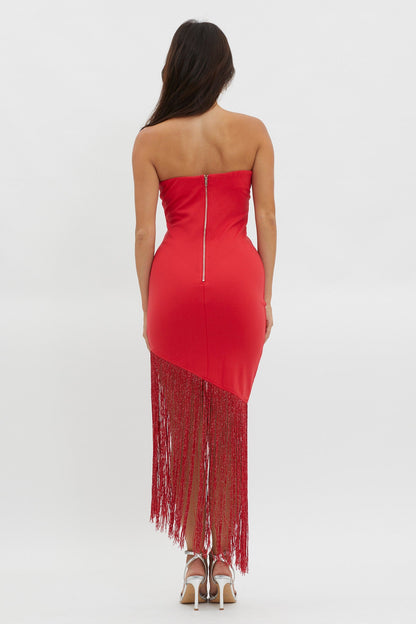 Glitz Asymmetrical Fringe Hem Dress Red