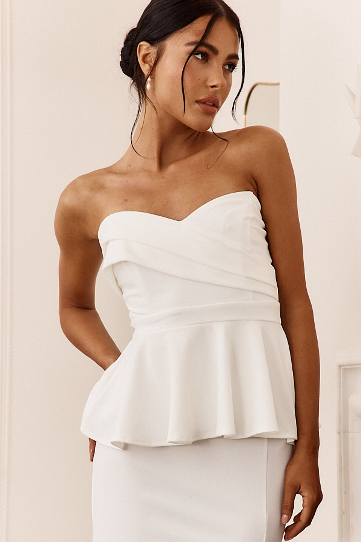 Evergrace Strapless Peplum Maxi Dress Ivory