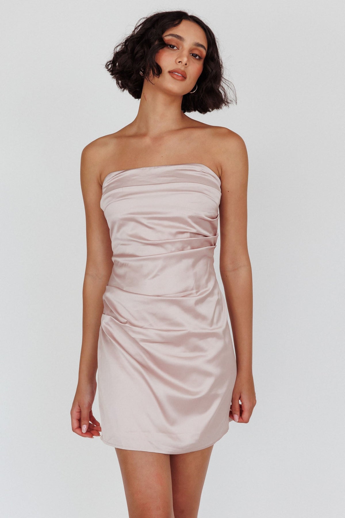 Love Waits Strapless Side Pleat Mini Dress Dirty Blush