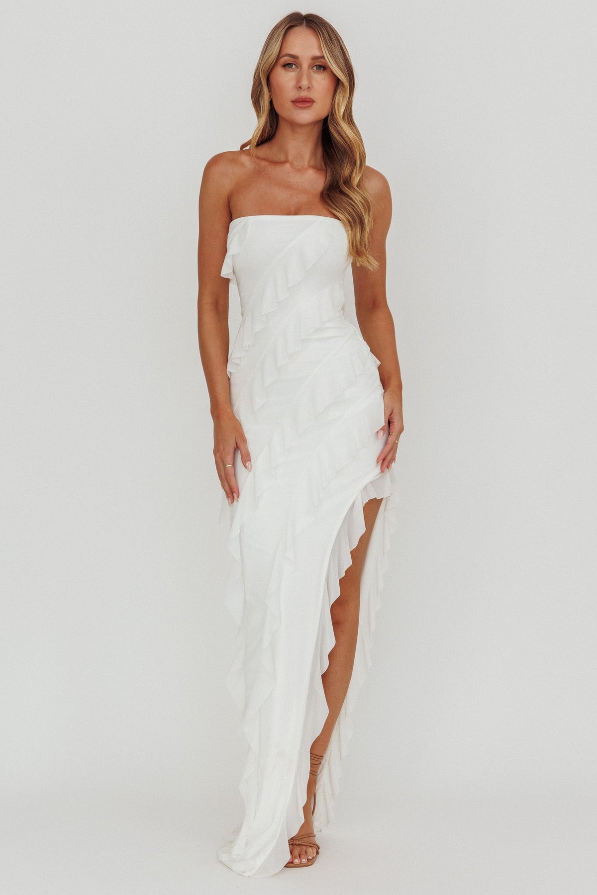 Just Friends Strapless Ruffle Maxi Dress Off White