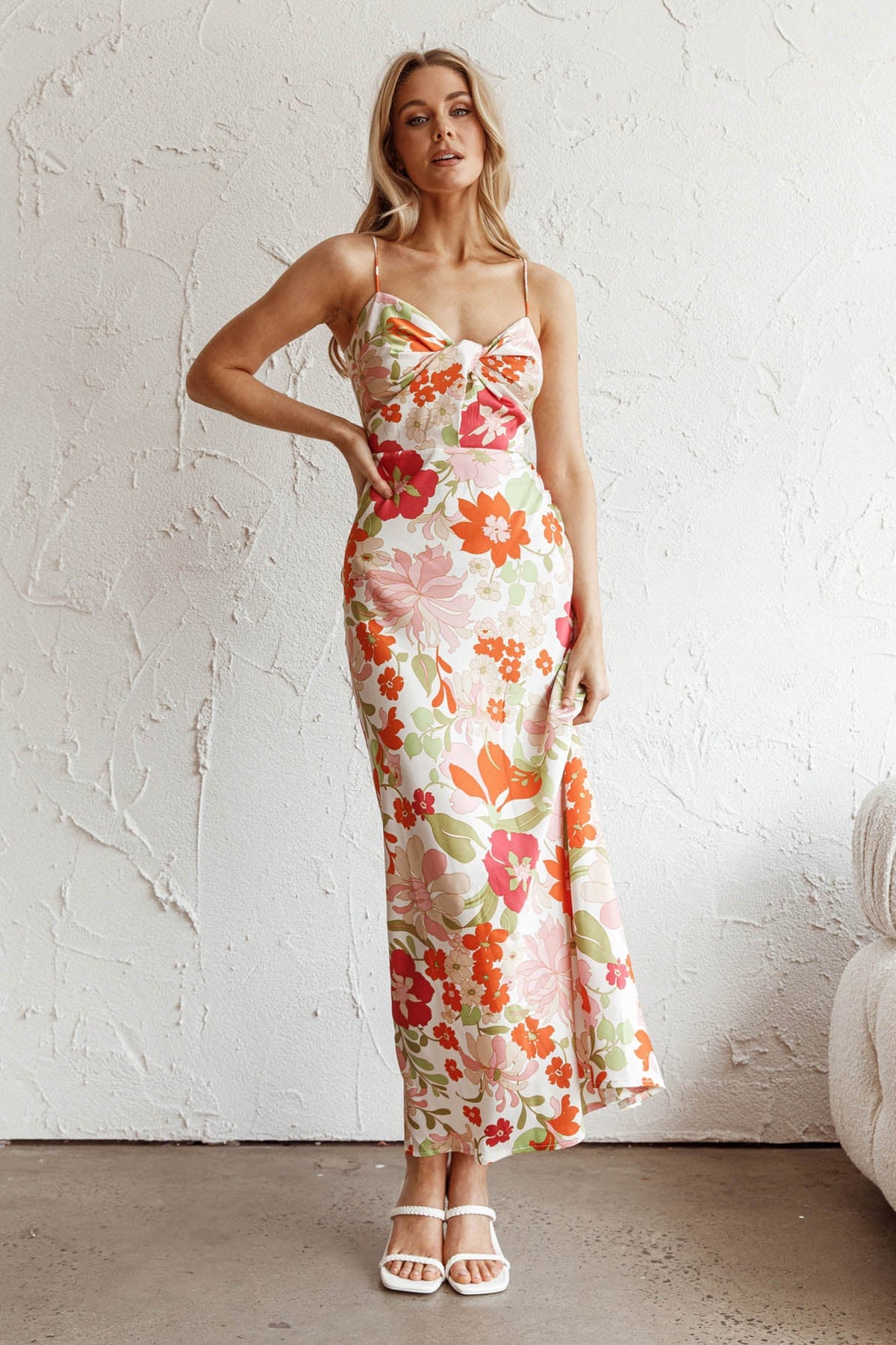 Sea Change Twist Bust Midi Dress Floral White