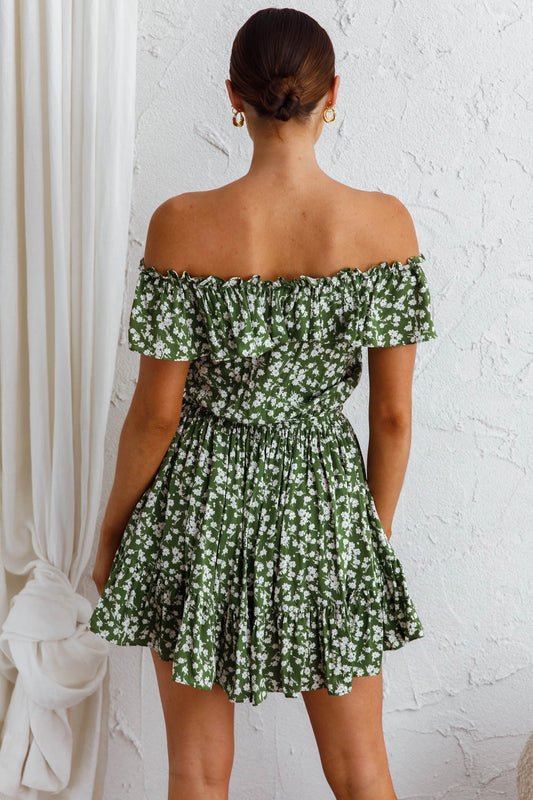 Andie Off-Shoulder Frill Dress Floral Green